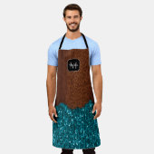 Aqua blaue Funken Glitter rustikales Holz Monogram Schürze (Getragen)