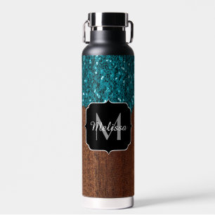 Aqua blaue Funken rustikale braune Holz Monogramm Trinkflasche