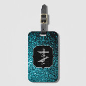 Aqua-blaue glänzende Imitate Glitzer Glitzern Mono Gepäckanhänger (Vorderseite Vertikal)