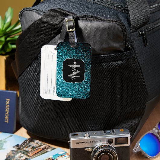 Aqua-blaue glänzende Imitate Glitzer Glitzern Mono Gepäckanhänger (Vorderseite & Rückseite)