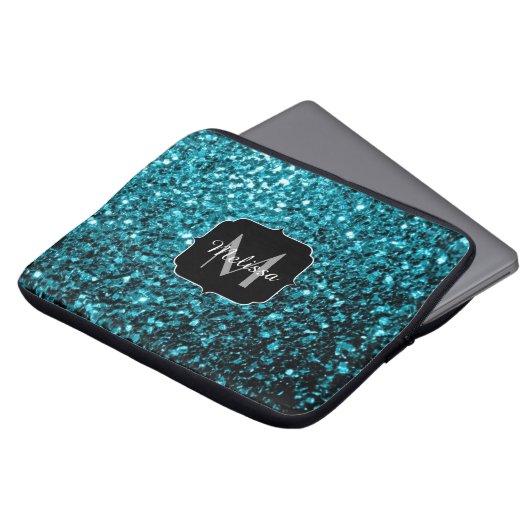 Aqua-blaue glänzende Imitate Glitzer Glitzern Mono Laptopschutzhülle (Vorne Oben)