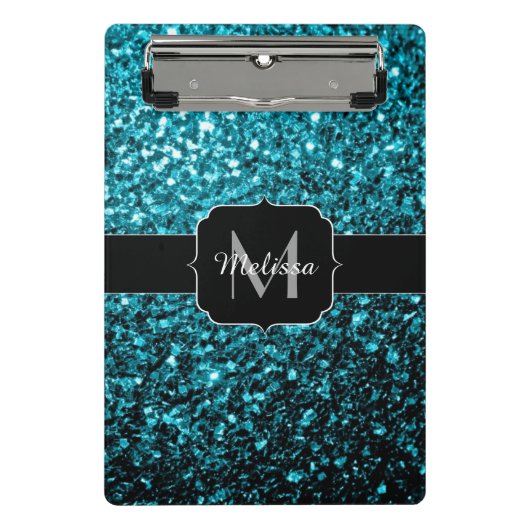 Aqua-blaue glänzende Imitate Glitzer Glitzern Mono Mini Klemmbrett (Vorderseite)