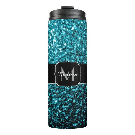 Aqua-blaue glänzende Imitate Glitzer Glitzern Mono Thermosbecher (Vorderseite)