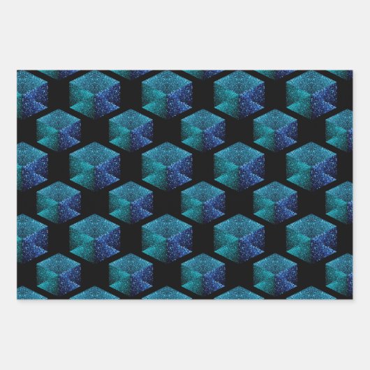 Aqua-blaue Glitzern rautengeometrisch schwarz Geschenkpapier Set (Vorderseite 3)