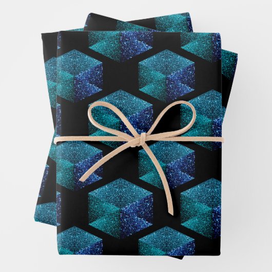 Aqua-blaue Glitzern rautengeometrisch schwarz Geschenkpapier Set (Beispiel)
