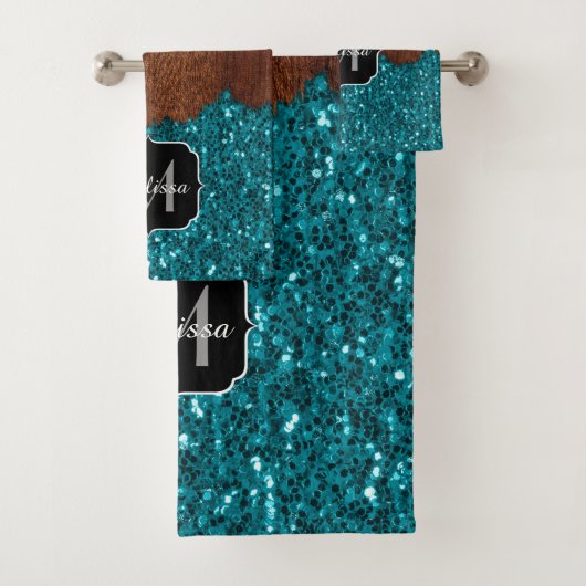 Aqua-blaue Glitzern, rustikal-braunes Holz Monogra Badhandtuch Set (Insitu)