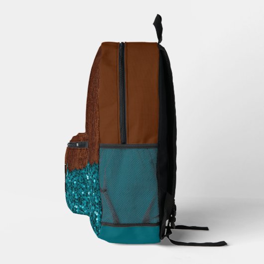 Aqua-blaue Glitzern, rustikal-braunes Holz Monogra Bedruckter Rucksack (Rechts)