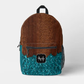Aqua-blaue Glitzern, rustikal-braunes Holz Monogra Bedruckter Rucksack (Vorderseite)