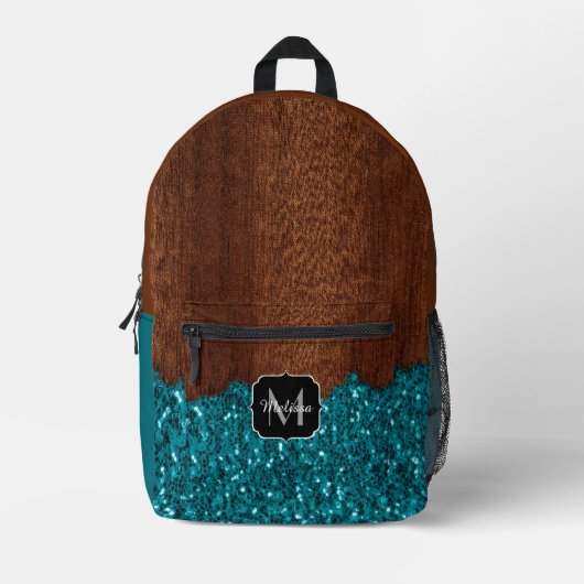 Aqua-blaue Glitzern, rustikal-braunes Holz Monogra Bedruckter Rucksack (Vorderseite)