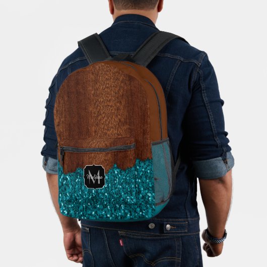 Aqua-blaue Glitzern, rustikal-braunes Holz Monogra Bedruckter Rucksack (Insitu (Modell))