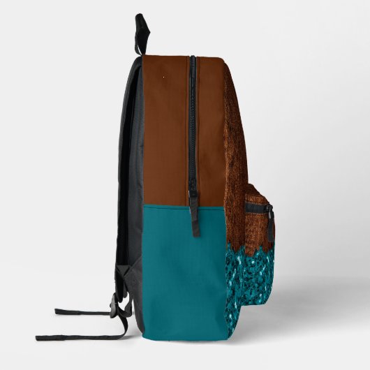 Aqua-blaue Glitzern, rustikal-braunes Holz Monogra Bedruckter Rucksack (Links)