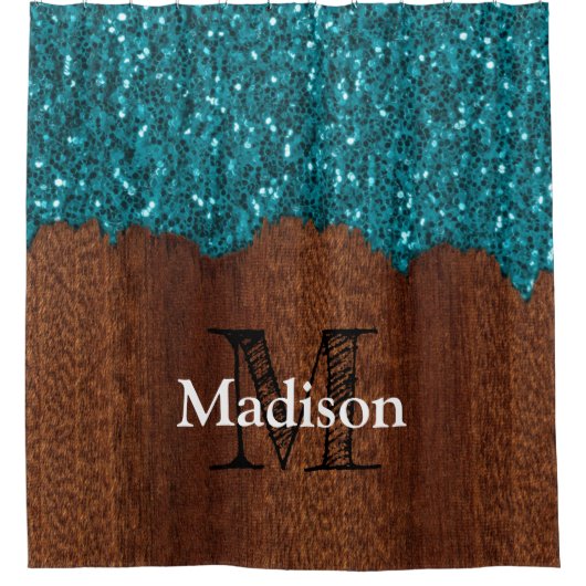 Aqua-blaue Glitzern, rustikal-braunes Holz Monogra Duschvorhang (Vorderseite)