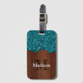 Aqua-blaue Glitzern, rustikal-braunes Holz Monogra Gepäckanhänger (Vorderseite Vertikal)