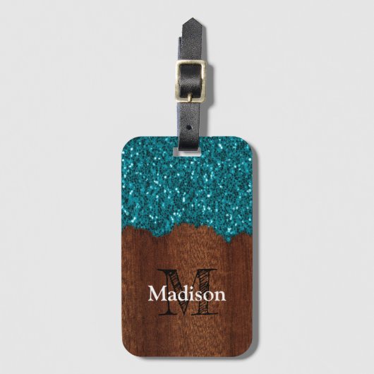 Aqua-blaue Glitzern, rustikal-braunes Holz Monogra Gepäckanhänger (Vorderseite Vertikal)