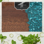 Aqua-blaue Glitzern, rustikal-braunes Holz Monogra Handtuch (Gefaltet)