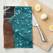 Aqua-blaue Glitzern, rustikal-braunes Holz Monogra Handtuch (Viertel Falte)