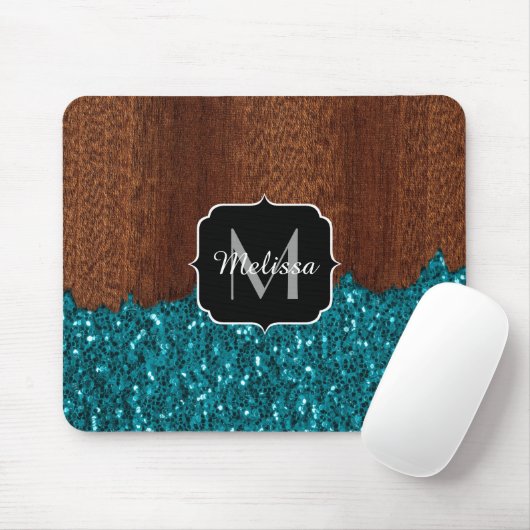Aqua-blaue Glitzern, rustikal-braunes Holz Monogra Mousepad (Mit Mouse)