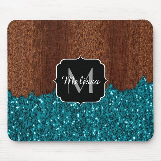 Aqua-blaue Glitzern, rustikal-braunes Holz Monogra Mousepad (Vorne)