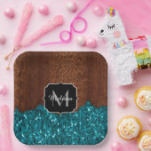 Aqua-blaue Glitzern, rustikal-braunes Holz Monogra Pappteller (Party)