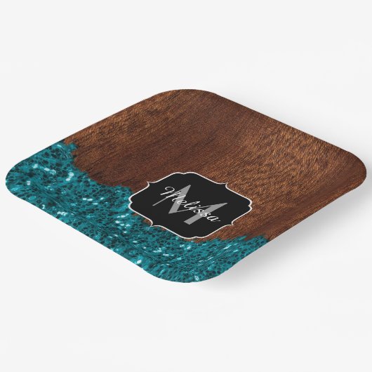 Aqua-blaue Glitzern, rustikal-braunes Holz Monogra Pappteller (Gewinkelt)