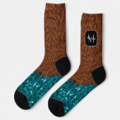 Aqua-blaue Glitzern, rustikal-braunes Holz Monogra Socken (Linkes Detail)