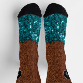 Aqua-blaue Glitzern, rustikal-braunes Holz Monogra Socken (Oben)