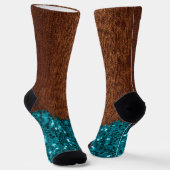 Aqua-blaue Glitzern, rustikal-braunes Holz Monogra Socken (Gewinkelt)