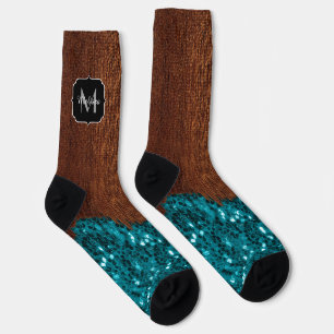 Aqua-blaue Glitzern, rustikal-braunes Holz Monogra Socken