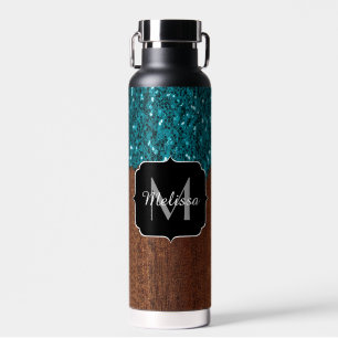 Aqua-blaue Glitzern, rustikal-braunes Holz Monogra Trinkflasche