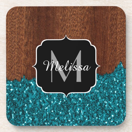 Aqua-blaue Glitzern, rustikal-braunes Holz Monogra Untersetzer (Vorderseite)