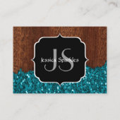 Aqua-blaue Glitzern, rustikal-braunes Holz Monogra Visitenkarte (Rückseite)