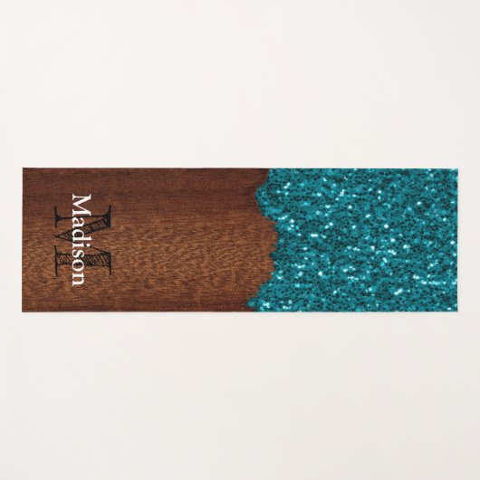 Aqua-blaue Glitzern, rustikal-braunes Holz Monogra Yogamatte (Vorderseite (Horizontal))
