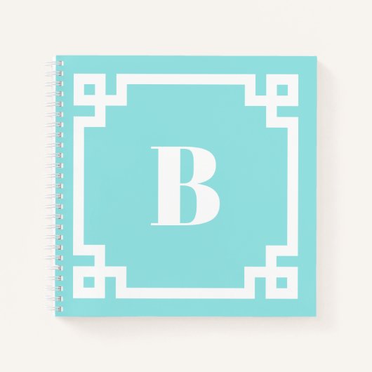 Aqua Blaue Griechische Schlüsselrand-Monogramm-Not Notizblock (Vorderseite)