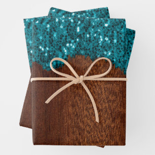 Aqua-blaue Imitate Glitzern, rustikales Holz Geschenkpapier Set