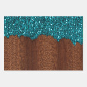 Aqua-blaue Imitate Glitzern, rustikales Holz Geschenkpapier Set (Vorderseite)