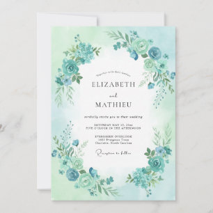 Aqua Blaue Unberührte Florale Hochzeit Einladung
