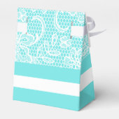 Aqua-blaue, weiße Spitzen-Muster Initialen Hochzei Geschenkschachtel (Rückseite)