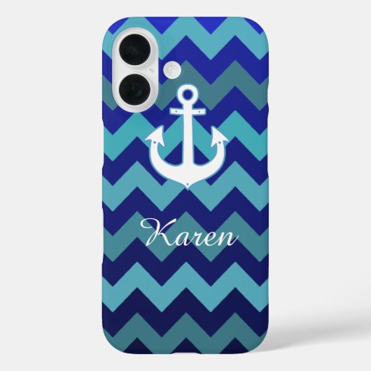 Aqua-blaue Zickzack-Streifen, Anker & Name Case-Mate iPhone Hülle (Rückseite)