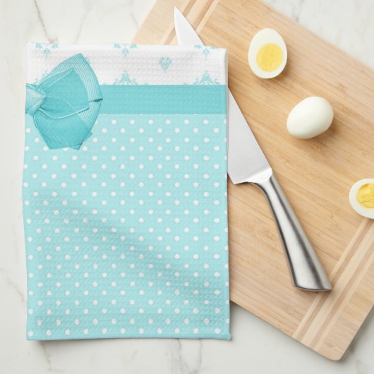 Aqua-blauer Damast mit Türkis-Band Küchentuch (Viertel Falte)