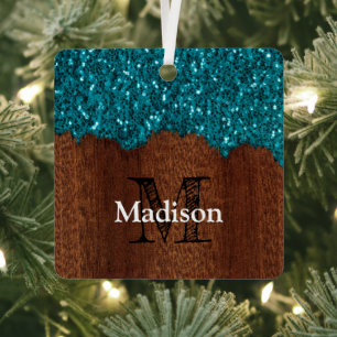 Aqua-blauer Glanz rustikaler brauner Holz-Monogram Ornament Aus Metall