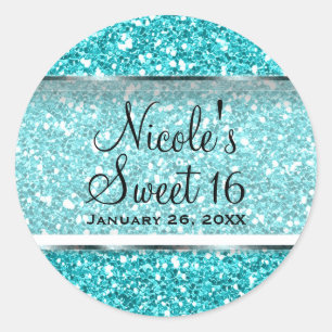 Aqua Blauer Glitter Glam Sweet 16 Benutzerdefinier Runder Aufkleber