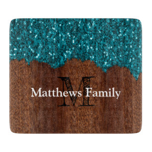 Aqua-blauer Glitter rustikale Holzfamilie Monogram Schneidebrett