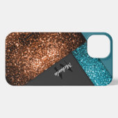 Aqua-blauer Glitzern-Farbblock Monogram iPhone Hülle (Rückseite (Horizontal))