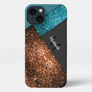 Aqua-blauer Glitzern-Farbblock Monogram iPhone 13 Hülle