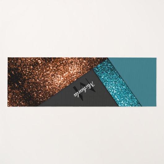 Aqua-blauer Glitzern-Farbblock Monogram Yogamatte (Vorderseite (Horizontal))