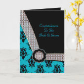 Aqua-blauer u. schwarzer Damast-Edelstein-Schein Karte (Gelbe Blume)