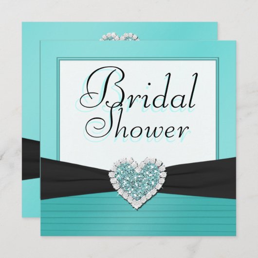 Aqua-blauer u. schwarzer Glitzer-Herz-Polterabend Einladung (Vorne/Hinten)