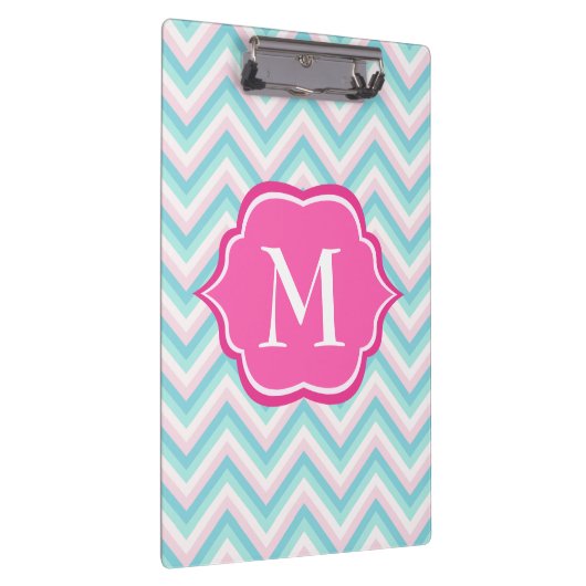 Aqua-blauer Zickzack rosa weißer Monogramm-Entwurf Klemmbrett (Rechts)