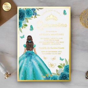 Aqua Blaues Blumenkleid Schmetterling Quinceanera  Folieneinladung