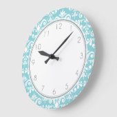 Aqua-blaues Damast-Muster-Muster Große Wanduhr (Winkel)